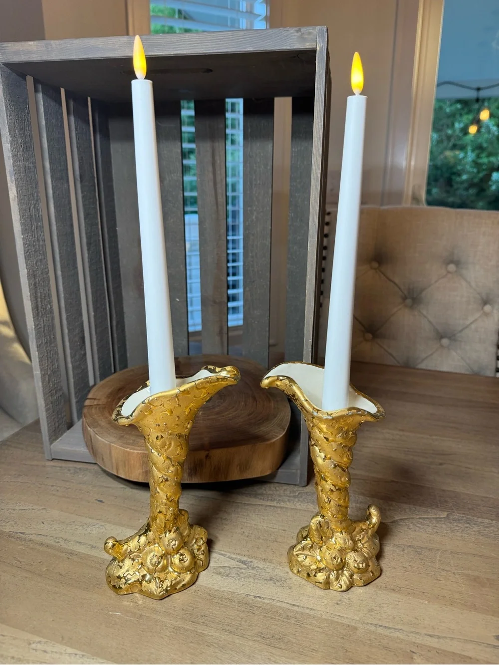 Weeping Gold Decorative Sculptural Cornucopia Candle Holders/Vases - Set of 2